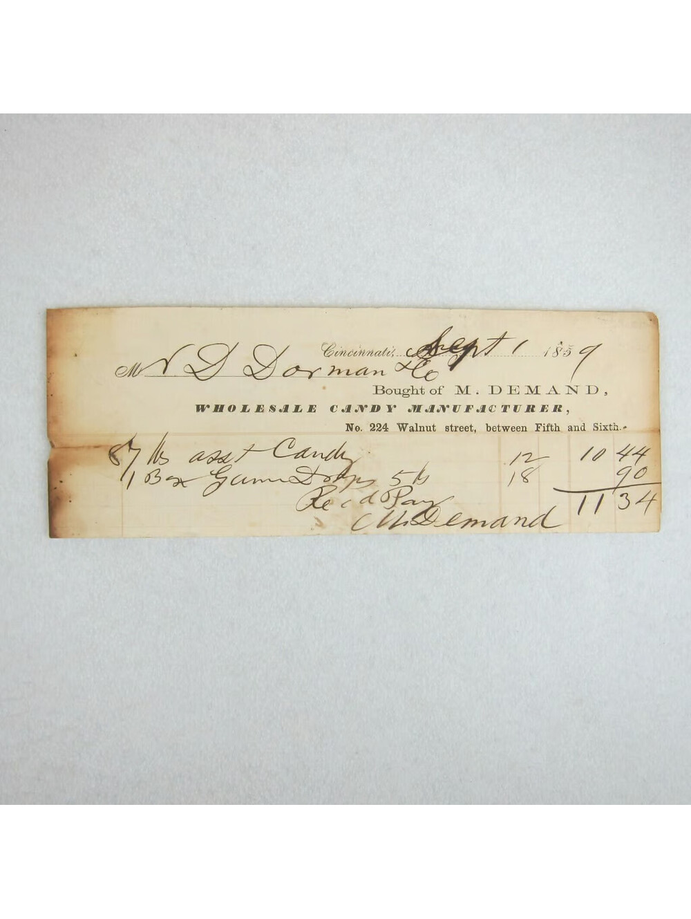Antique 1859 M. Demand Wholesale Candy Manufacturer Cincinnati Receipt Invoice